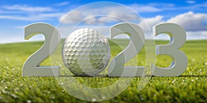 Golf 2023. New year number with golfball on lawn field sport terrain