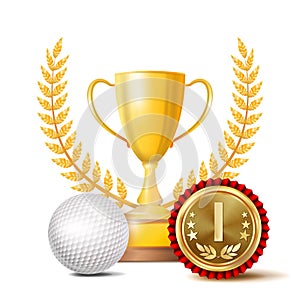 Golf Achievement Award Vector. Sport Banner Background. White Ball, Winner Cup, Golden 1st Place Medal. Realistic
