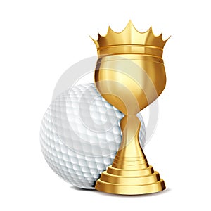 Golf Award Vector. Golf Ball, Golden Cup. Banner Advertising. Sport Event Announcement. Competition Announcement, Game