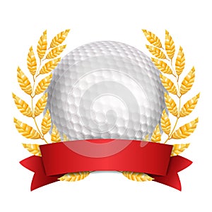 Golf Award Vector. Sport Banner Background. White Ball, Red Ribbon, Laurel Wreath. 3D Realistic Isolated Illustration