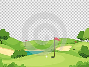 Golf background. Green golf course with hole and red flags for invitation card, poster and banner, charity play