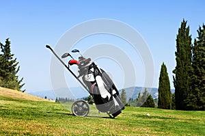 Golf bag on fairway