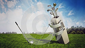 Golf bag full of golf clubs and ball with a club on the grass. 3D illustration photo