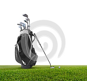 Golf bag ,golf ball and face balanced putter with Super Stroke putter grip on green isolated on white background