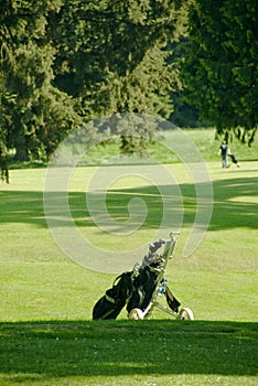 Golf Bag Waits on Green Fairway photo
