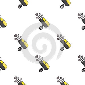 Golf bag on wheels with clubs icon in cartoon style isolated on white. Golf club symbol stock vector