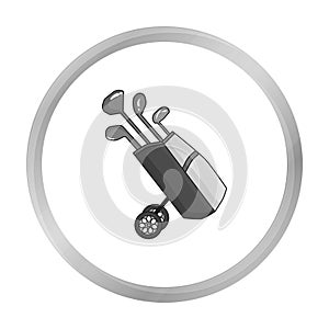 Golf bag on wheels with clubs icon in monochrome style isolated on white background. Golf club symbol stock vector