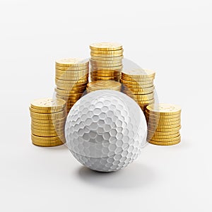 Golf Ball ahead of Stacks of Coins on Light Gray Background