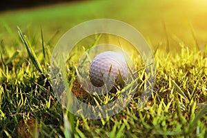 golf ball in beautiful golf course with sunset.