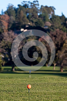 Golf ball on a blue tee with the flag in the bacground