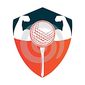 Golf ball and body biceps inside a shape of shield vector illustration