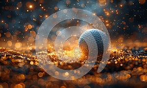 Golf ball bouncing on the floor with hot sparks and gold glitter - soft focus bokeh background