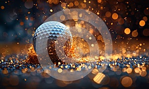 Golf ball bouncing on the floor with hot sparks and gold glitter - soft focus bokeh background