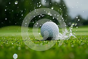 A golf ball is captured in mid-air as it forcefully lands into the water hazard on a golf course, A golf ball landing on the green