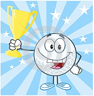 Golf Ball Cartoon Character Holding Prize Trophy C