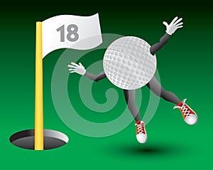 Golf ball character flying toward 18th hole