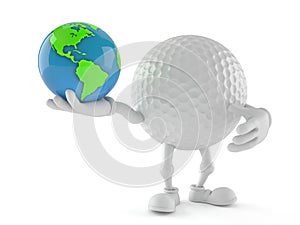 Golf ball character holding world globe