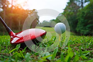 Golf ball and golf club in the beautiful golf course in Thailand. Collection of golf equipment resting on green grass with green