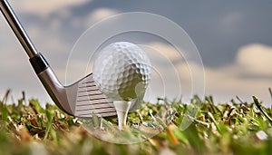Golf ball and club. Golf club and golf ball about to tee off against a blue sky