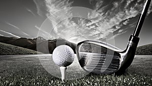 Golf ball and club. Golf club and golf ball about to tee off against a blue sky