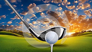 Golf ball and club. Golf club and golf ball about to tee off against a blue sky