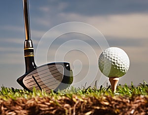 Golf ball and club. Golf club and golf ball about to tee off against a blue sky