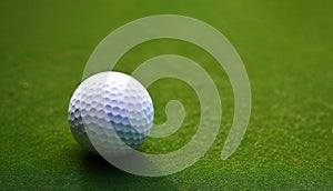 Golf ball with dimples matches playing style waiting for professional swing on grassy course closeup. Significant gear photo