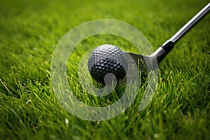 A golf ball, essential equipment for the sport, lies motionless on a vibrant green grassy field, Golf club and ball in grass, AI