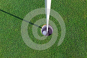 Golf ball and Flagstick of Manicured grass of putting green