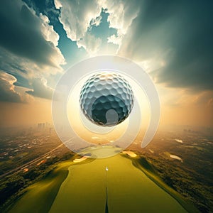 Golf ball flies through air, heading to a perfect landing on green