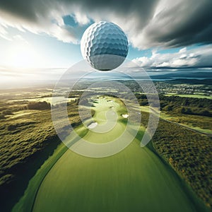 Golf ball flies through air, heading to a perfect landing on green