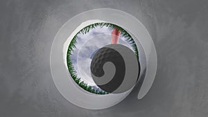 golf ball flies into the hole at the camera, view inside the hole close-up