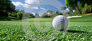Golf ball in focus rolling across green course towards the hole, creating depth and dimension