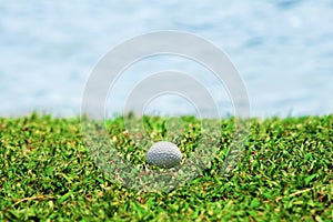 Golf ball on fresh green grass near water bunker.