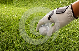 Golf ball in gloved hand, green course lawn background, close up view