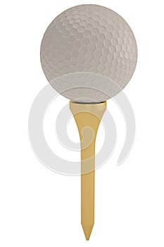 Golf ball on golden tee isolated on white. 3D illustration.