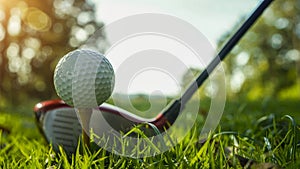 Golf ball and golf club in beautiful golf course at sunset background