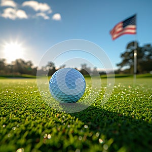 Golf ball on the golf course - American flag in the background
