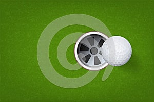 Golf ball and golf hole on green grass background. Vector.