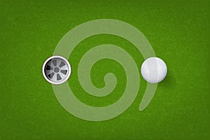 Golf ball and golf hole on green grass background. Vector.