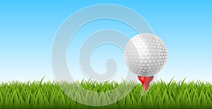 Golf ball grass. Realistic isolated ball on tee stand, panoramic green sport club field. Game starting position, sport