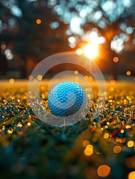 A golf ball on the grass at sunset