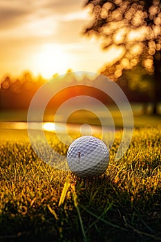 golf ball on a grassy field during a beautiful sunrise. It epitomizes the tranquility of a morning on the golf course