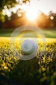 golf ball on a grassy field during a beautiful sunrise. It epitomizes the tranquility of a morning on the golf course