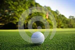 Golf ball on green in beautiful golf course at sunset background