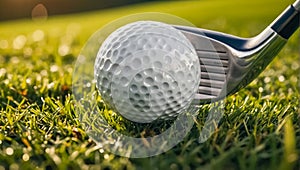 Golf ball on green grass beautiful game leisure club closeup field