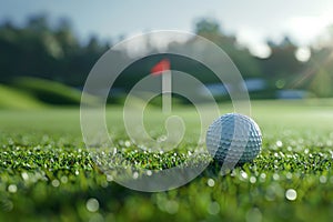 Golf ball on green grass on blurred sunset golf course landscape background. . Generation ai