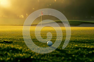 Golf ball on green grass on blurred sunset golf course landscape background. . Generation ai