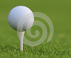 Golf ball on green grass. Closeup