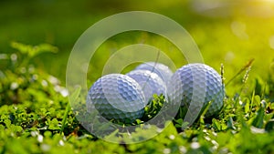 Golf ball on green grass in the evening golf course with sunshine background